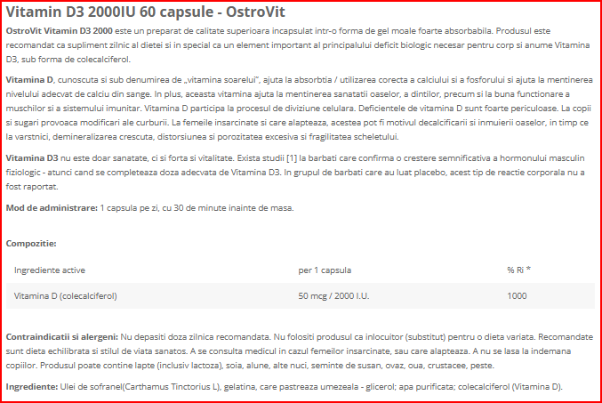 Vitamina D3 2000IU 60 capsule - OstroVit